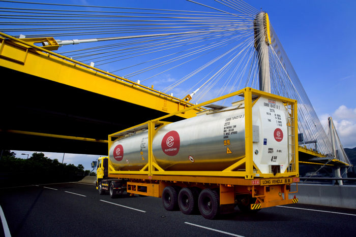 Tank container liquid T22 with truck on the road - eurotainer