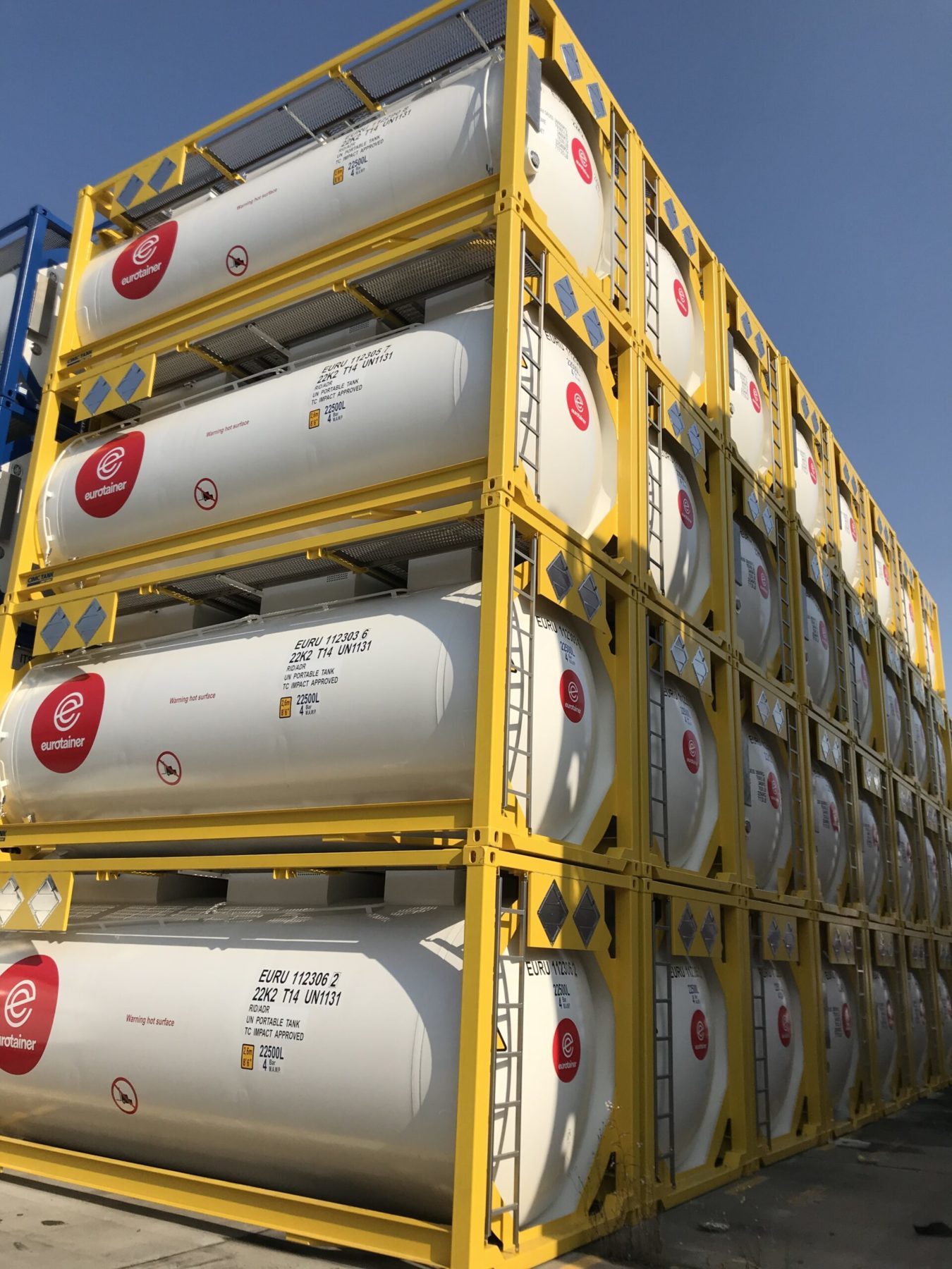 Liquid tank container T14 fleet stacked on depot - eurotainer