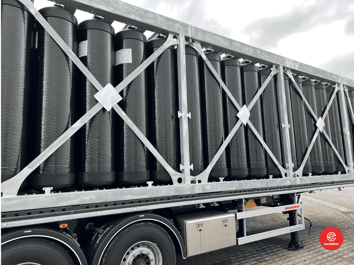 Hydrogen tank container with cylinder MEGC Side picture of H2 trailor eurotainer