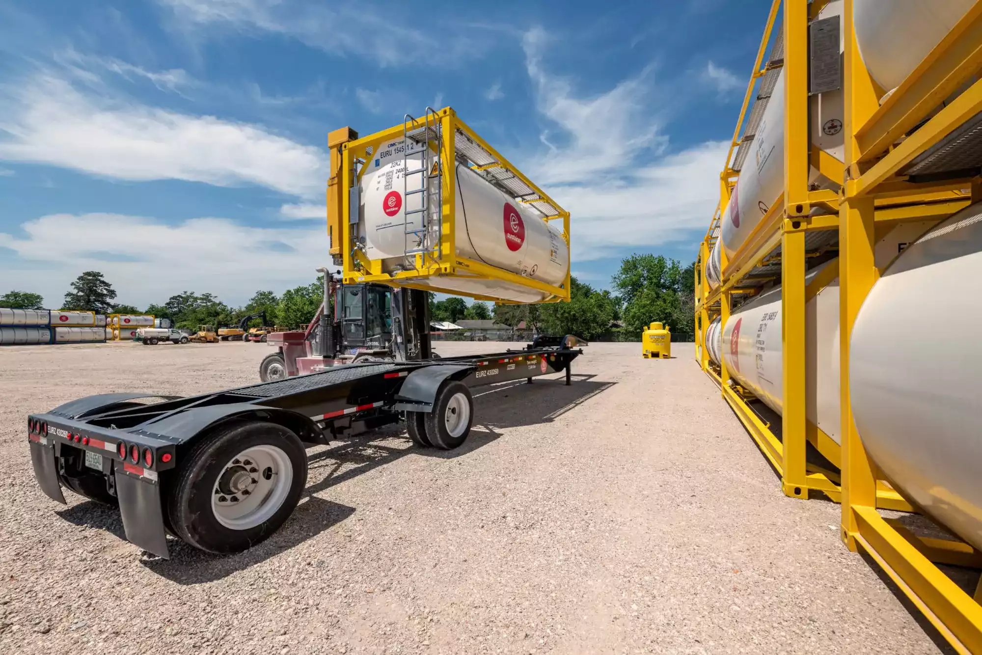 tank container liquid on lift with chassis eurotainer
