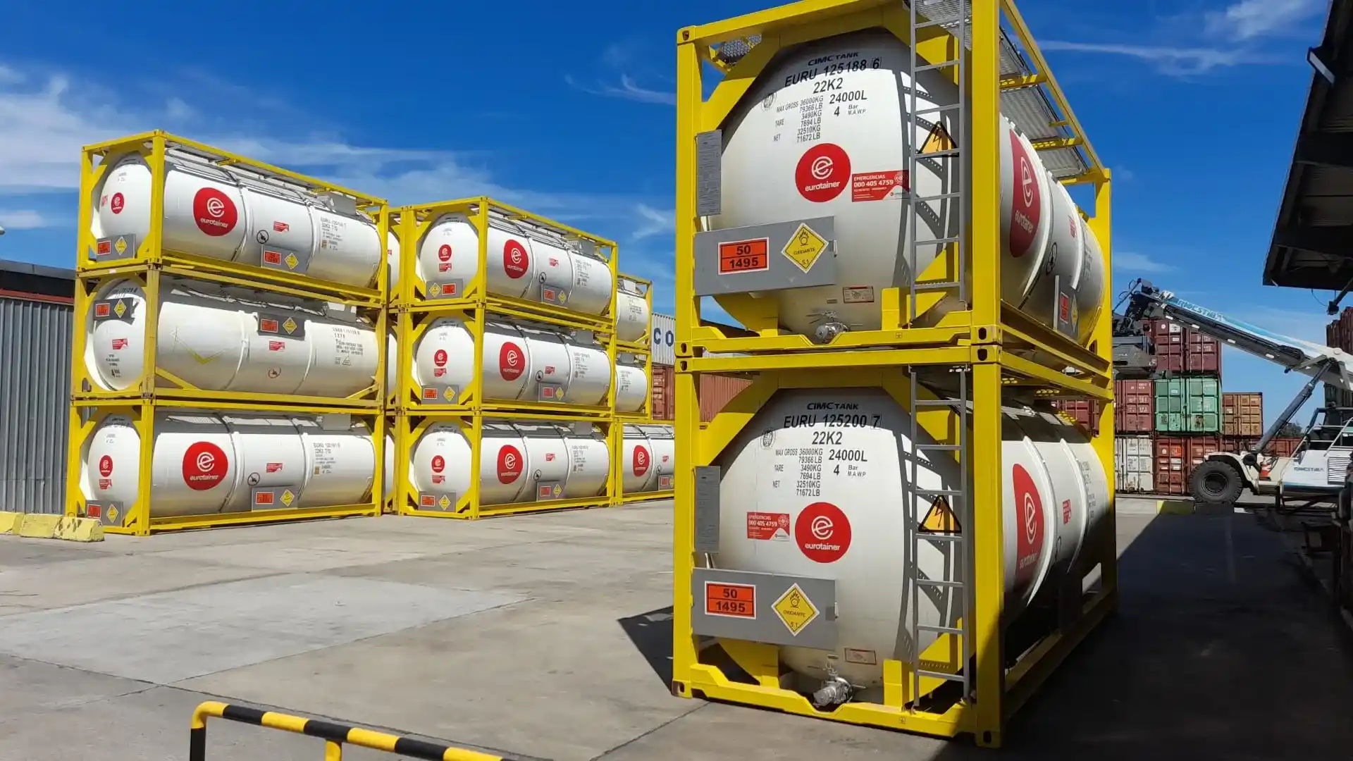 Liquid tank container stacked on depot - eurotainer
