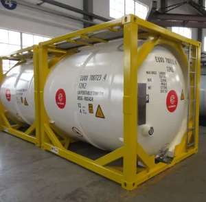 Ten foot tank container liquid T11 side view with valves on workshop - eurotainer