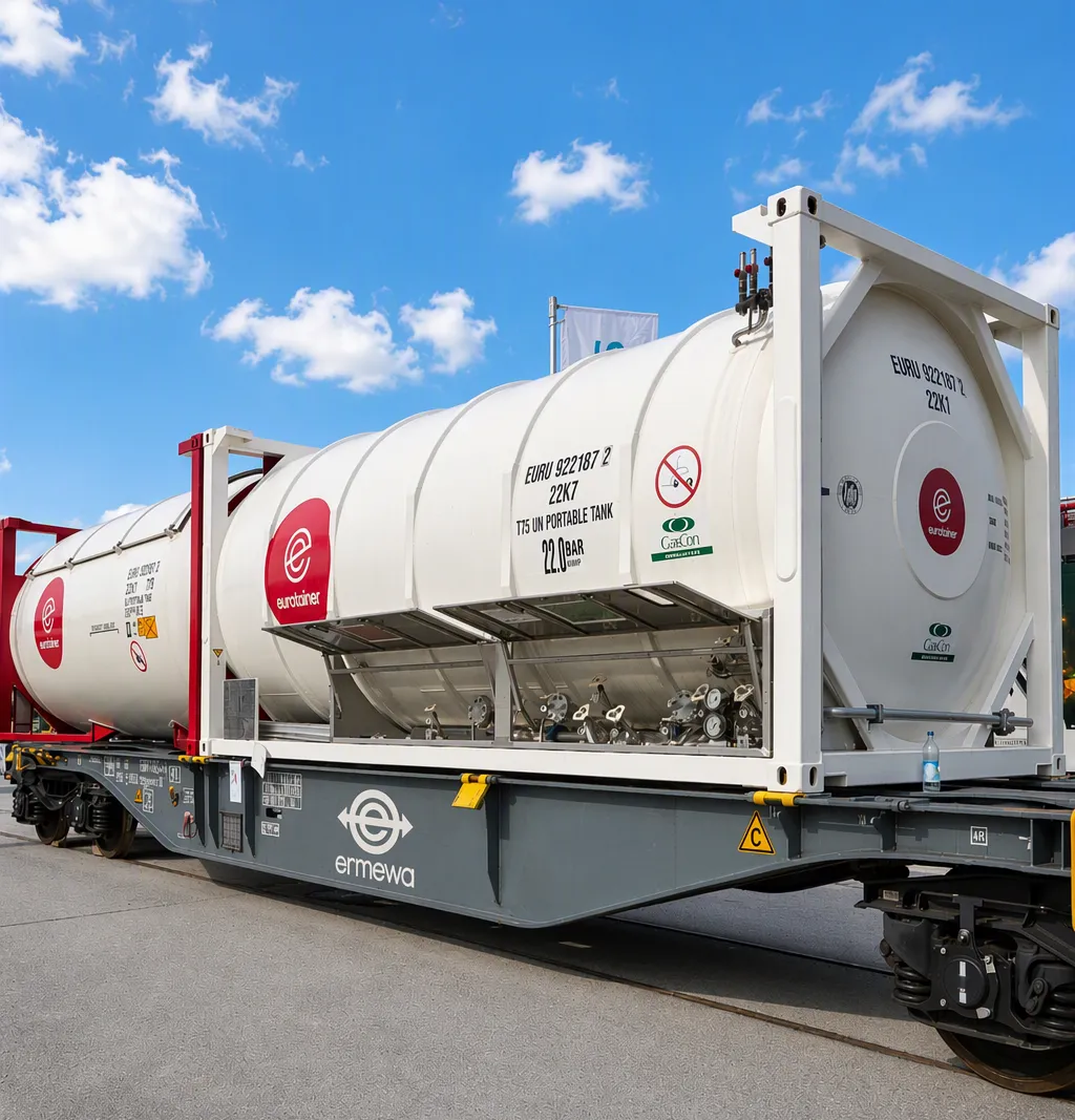 Cryogenic - gas tank container on railcar eurotainer & ermewa
